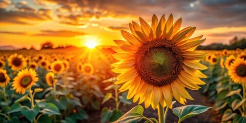 Obraz premium Golden Hour Sunflower Field A Single Bloom Basking in the Sunset's Warm Embrace