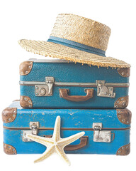 Isolated Stacked Two Blue Vintage Suitcases with Straw Hat and Starfish