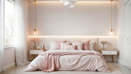 The image shows a bedroom with a large bed surrounded by pink and white bedding. The room has soft lighting, pink walls and two bedside tables with flowers and books.	
