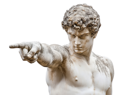 Isolated Marble Bust of Angry Young Man Pointing