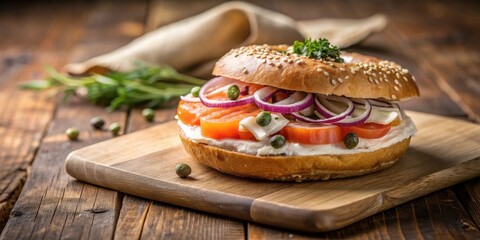 A Delicious Sesame Bagel with Smoked Salmon, Cream Cheese, Red Onion, and Capers on a Rustic Wooden Board