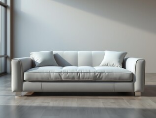 minimalist sofa in light gray fabric, smooth, clean design, rounded edges, subtle seam, curved,armrests, soft lighting, bokeh background, sharp subject focus, wide,angle view