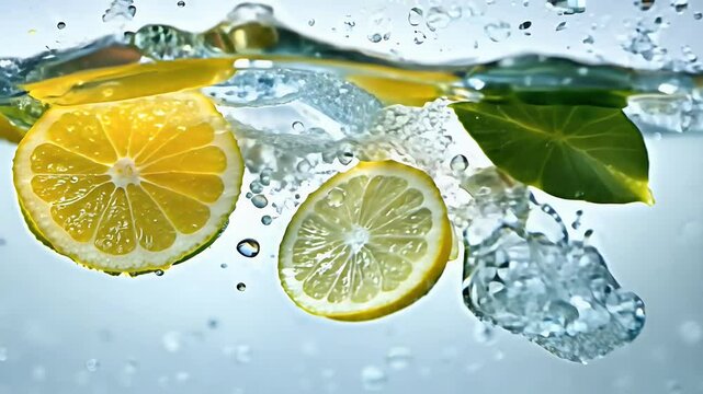 A visually stunning slow motion shot dynamic water wave crashing refreshing arrangement lemon slices ice cubes leaves captured 1000 frames second reveal intricate details