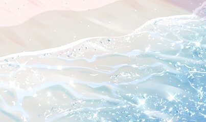 An anime-style white beach with glittering clear water, light blue waves, and shiny light pink sand