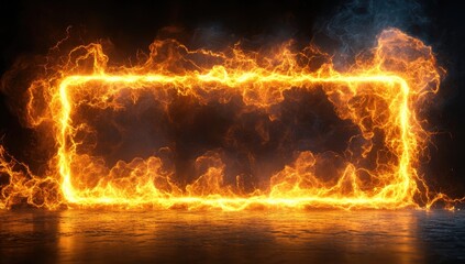 Abstract fire frame graphic design, rectangle outline of burning orange flame on dark background, 3d illustration, glowing fire sparks, dark gray reflective floor