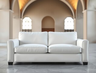 minimalist sofa in light gray fabric, smooth, clean design, rounded edges, subtle seam, curved,armrests, soft lighting, bokeh background, sharp subject focus, wide,angle view