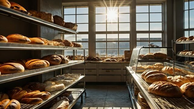 Video footage of sunlit bakery with shelves and display cases filled with various types of bread and pastries, creating a warm and inviting atmosphere