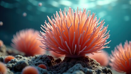 Naklejka premium Close-up of a bleached coral polyp underwater with sunlight filtering through 
