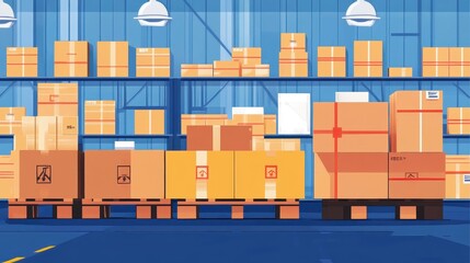 Packaging solutions flat design side view shipping efficiency theme cartoon drawing Split-complementary color scheme.