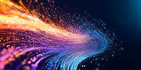 Vibrant Data Flow: An Illumination of Colored Light Particle Trails in a Dynamic Motion Network, Representing Big Data Visualization Concepts