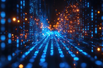 Abstract digital tunnel with glowing blue and orange particles, creating a futuristic and energetic atmosphere
