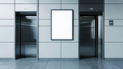 Blank Advertisement Sign Between Elevators in Modern Building Interior