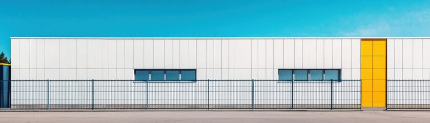 Bright Industrial Building with Clean Lines and Yellow Accent Against a Clear Blue Sky