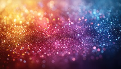 Abstract multicolored glitter background with vibrant bokeh effect, featuring a blend of gold, orange, red, purple, and blue hues
