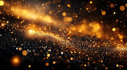Fototapeta premium Abstract background with glittering gold and black particles, bokeh, and light trails