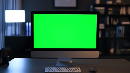 Green screen desktop computer at night