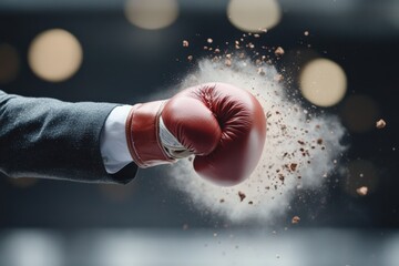 Business professional delivering powerful punch, symbolizing corporate strength, determination, and competitive edge in the business world, impactful tactics.