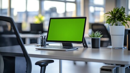 Modern office workspace with green screen computer