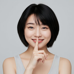 Fototapeta premium A young woman with short black hair smiles gently while placing her index finger on her lips, signaling 