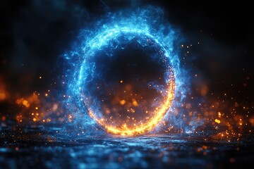 Abstract circular frame of glowing blue and orange particles against a dark background with fiery sparks and a reflective surface