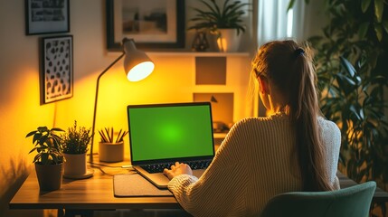 Woman working on laptop with green screen.