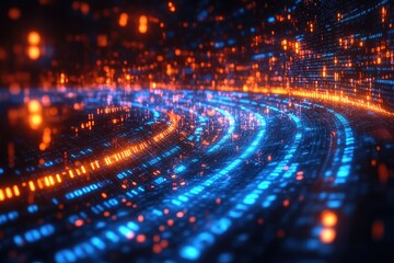 Abstract digital cityscape, swirling lines of glowing orange and blue lights, futuristic, data streams, vibrant colors, dynamic, technology,  glowing lights,  abstract urban scene,  3d rendering, 