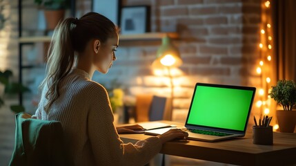 Woman working on laptop at night