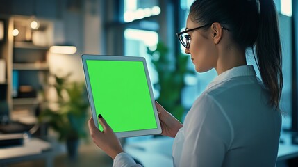 Businesswoman using tablet with green screen.