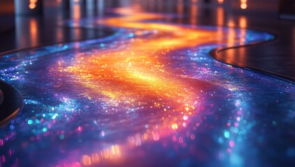 Abstract glowing city river path at night, vibrant colors, digital art style,  light reflections,  modern design, illuminated pathway,  colorful lights,  urban scene,  night view,  technological