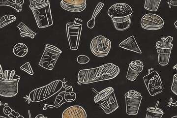 Cartoon food and drinks doodle on chalkboard background seamless pattern