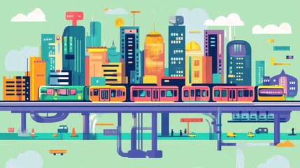 Fototapeta premium Public transit map flat design front view urban planning animation. 
