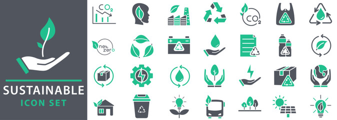 Sustainable icon set. Collection of renewable energy, ecology and green electricity icons. green energy icons. Vector illustration.