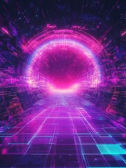 Obraz premium A vibrant festival background featuring glowing purple and pink neon reflections with illustrated 80s-style digital grids. Perfect for retro futuristic themes, music events poster, and cyberpunk