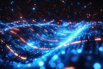 Obraz premium Abstract digital wave of glowing points of light, bright orange and blue colors against a dark background, bokeh effect, intricate patterns