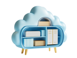 Isolated Blue Cloud Cabinet with Books and Boxes