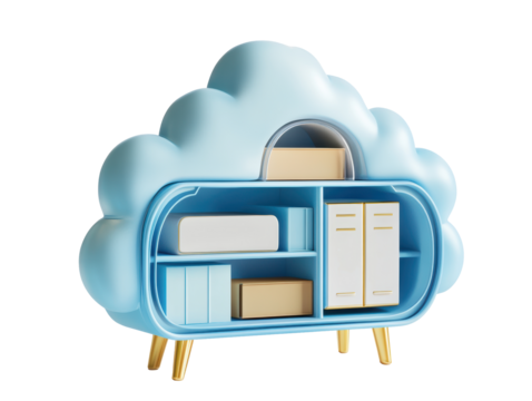 Isolated Blue Cloud Cabinet with Books and Boxes