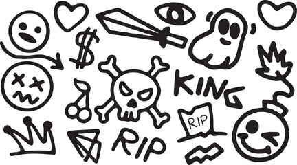 Hand Drawn Collection, Emoji, Sword, Ghost, Bomb, R.I.P, Crown, Sour cherry, Heart, Eye, $, Graffiti, Grunge, grave, Skeleton, skeleton with bone,