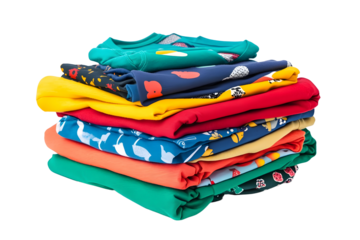 A colorful assortment of children's t-shirts folded neatly Isolated on white background.
