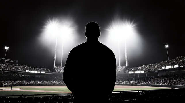 silhouette of person stands in front of brightly lit baseball field, evoking anticipation and excitement