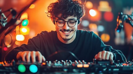 Focused DJ mixing music at a nightclub