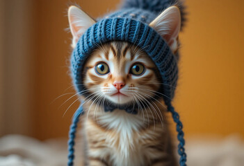 Adorable kitten in a knitted hat
