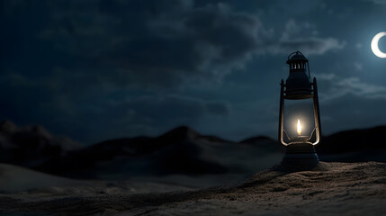 Ramadan Kareem greeting. Islamic crescent moon and lantern. End of fasting. ramadan decorations, Eid al-Fitr. Breaking of holy fast day. Muslim holiday. Arab night sky.