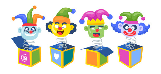 Fototapeta premium Set of jack in the box collection, various clown with emotion on his face scary smile, jumps from out surprise boxes, confetti, jester hat and laughing emoticon, vector illustration.