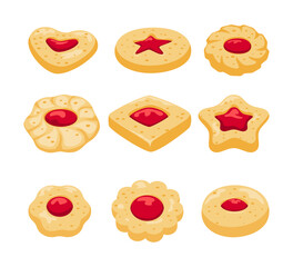 Set of jam cookies collection, Cartoon cherry thumbprint cookies. Heart jam cookies with drop of jam and various shapes like heart, flower, square, star. Isolated on white background illustration.