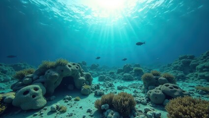 Naklejka premium Sunlight streaming through clear ocean water over a bleached coral reef slope 