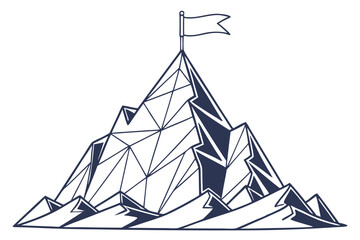  A digital illustration of a mountain peak with a flag at the top, rendered in a geometric, low-poly style with sharp angles and a limited color palette of blues and whites. The mountain has a trian