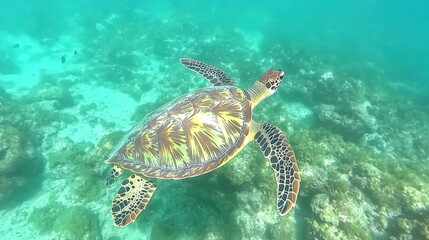 Obraz premium A graceful sea turtle gliding through vibrant coral reefs in a tropical underwater paradise