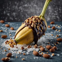 A frozen chocolate-dipped banana with crushed nuts on top.