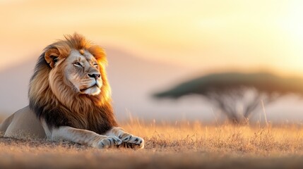 Majestic lion rests in African savanna at sunrise