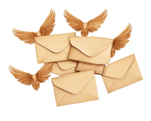 Isolated Stack of Envelopes with Golden Wing Accents